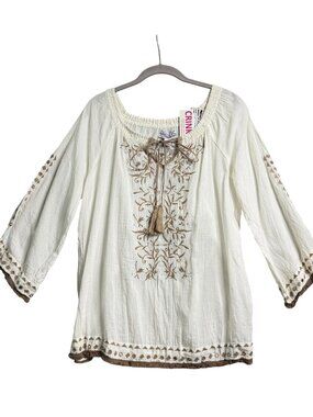 Pink Cattlelac Ivory & Tan Cotton Peasant Crinkle Blouse